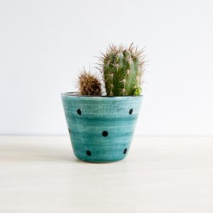 Maceta pequeña de cerámica verde con lunares para crasas, cactus o suculentas