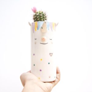 Maceta con cara de unicornio de cerámica esmaltada para crasas y suculentas
