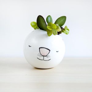 Macetero redondo de cerámica kawaii con cara de gato hecho a mano