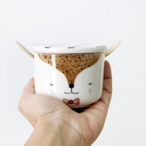 Azucarero de cerámica Kawaii con cara de ciervo y tapa y cuchara