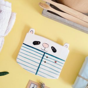 Jabonera de cerámica kawaii con forma de oso panda